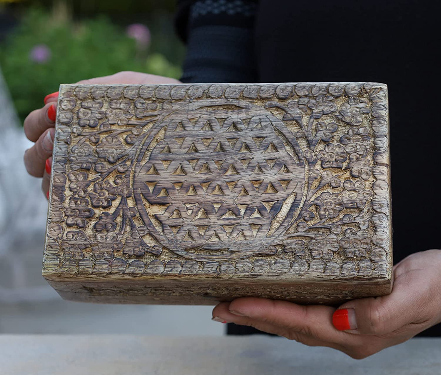 Hand Carved Jewelry Trinket Keepsake Wooden Storage Box (Large, Flower of Life) - DharmaObjects