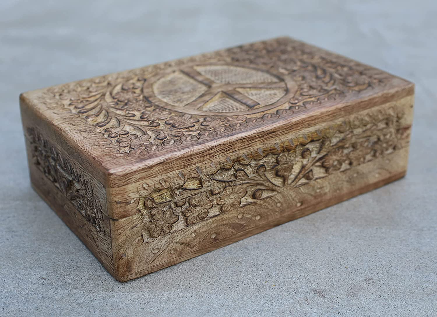 Hand Carved  Peace Sign Jewelry Trinket Keepsake Wooden Storage Box - DharmaObjects