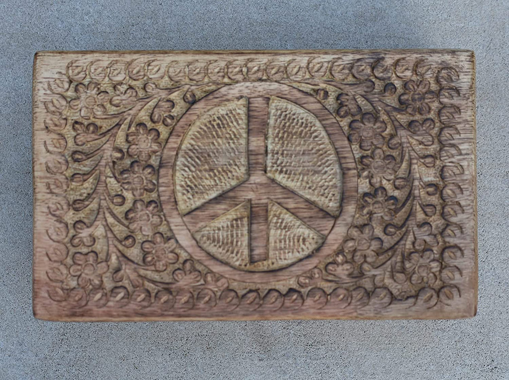 Hand Carved  Peace Sign Jewelry Trinket Keepsake Wooden Storage Box - DharmaObjects