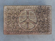 Hand Carved  Peace Sign Jewelry Trinket Keepsake Wooden Storage Box