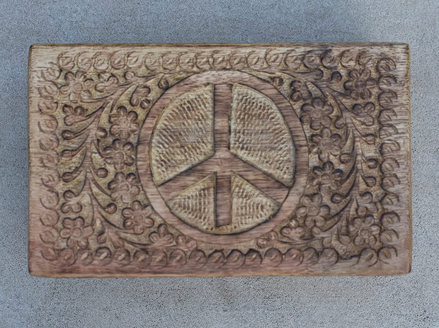 Hand Carved  Peace Sign Jewelry Trinket Keepsake Wooden Storage Box