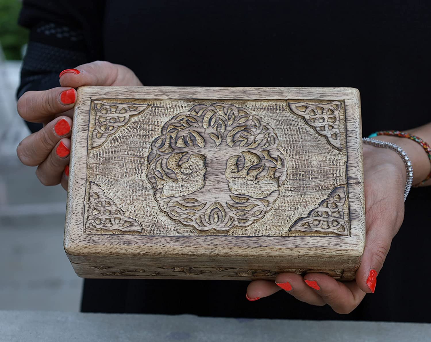 Hand Carved Jewelry Trinket Keepsake Wooden Storage Box (Celtic Tree of Life, Large) - DharmaObjects