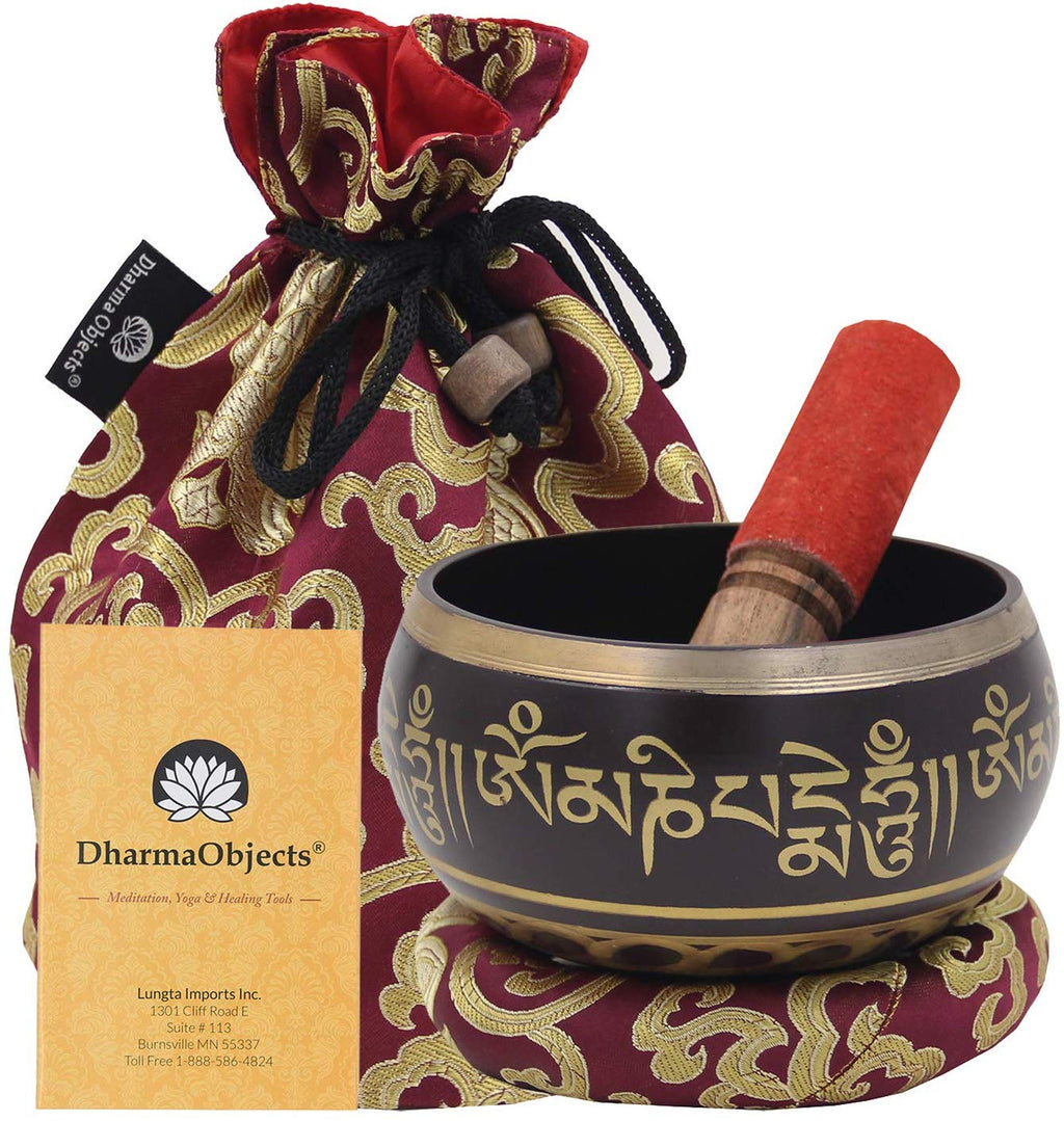 Large ~ Tibetan OM MANI Singing Bowl Set ~ With Mallet, Brocade Cushion & Carry Bag ~ For Meditation, Chakra Healing, Prayer, Yoga (Purple) - DharmaObjects