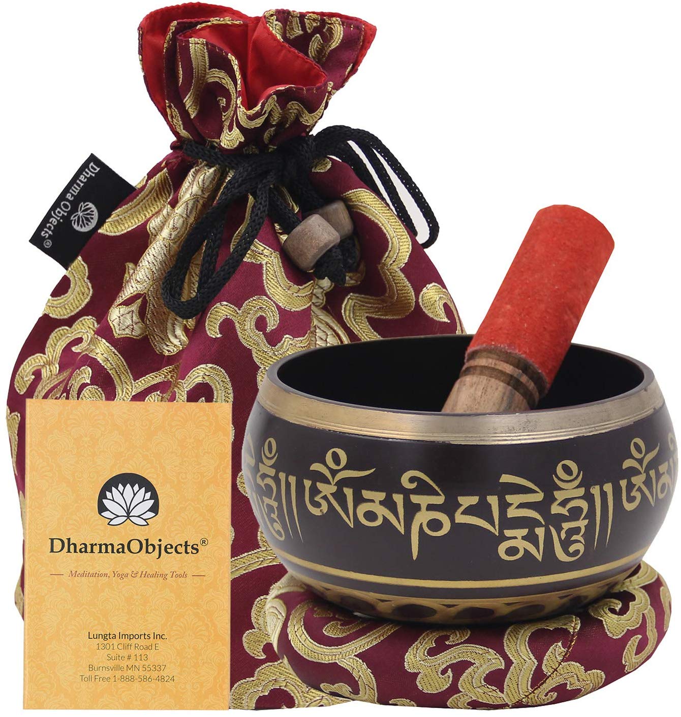 Large ~ Tibetan OM MANI Singing Bowl Set ~ With Mallet, Brocade Cushion & Carry Bag ~ For Meditation, Chakra Healing, Prayer, Yoga (Purple) - DharmaObjects