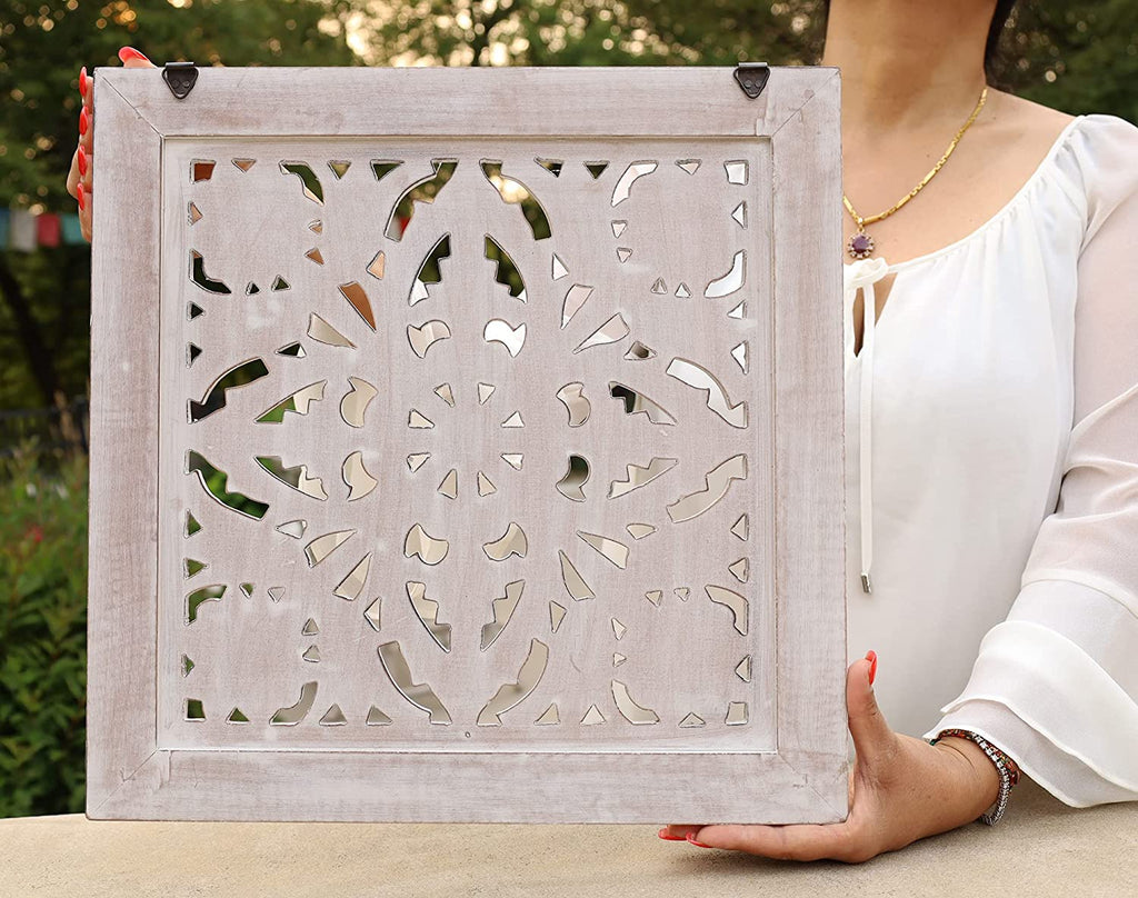Handcrafted Lotus Wood Wall Panel Decor Hanging Art 16" X 16" - DharmaObjects