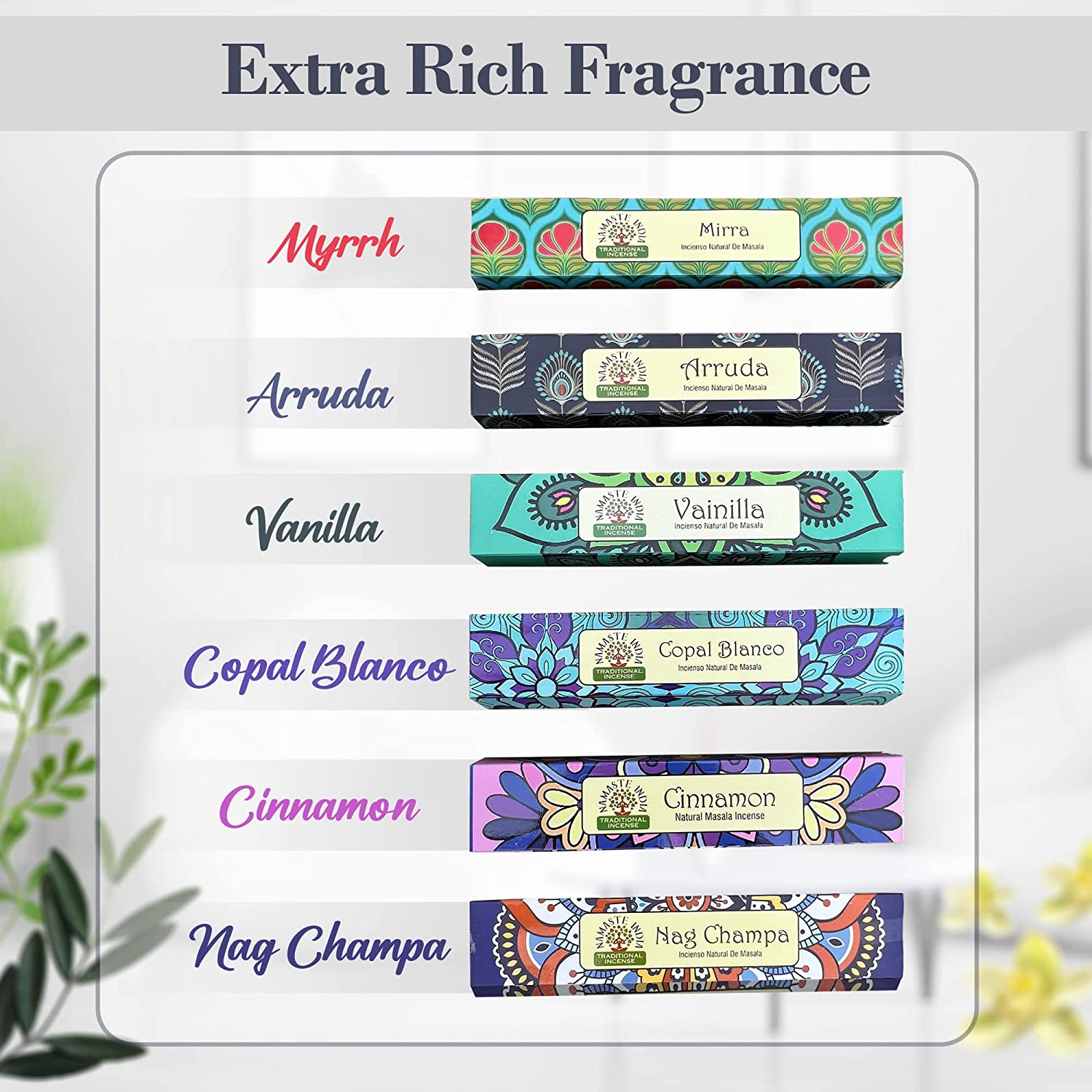 DharmaObjects Premium Incense Sticks - Mix 6 Scents , Myrrh, Arruda, Vanilla, Copal Blanco, Cinnamon, Nag Champa Incense Gift Set - DharmaObjects