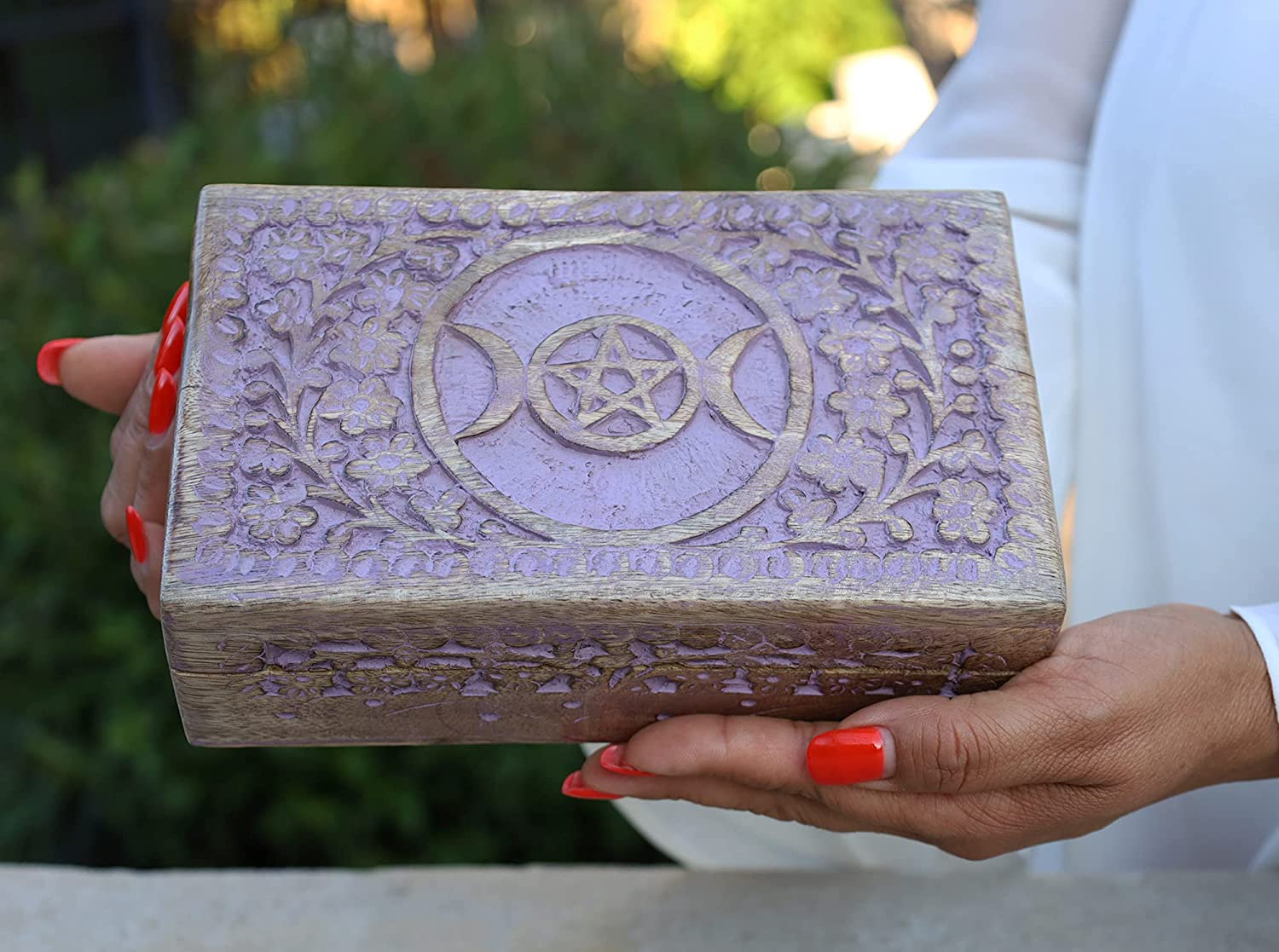 Triple Moon Hand Carved Jewelry Trinket Keepsake Wooden Storage Box (Triple Moon, Large) - DharmaObjects