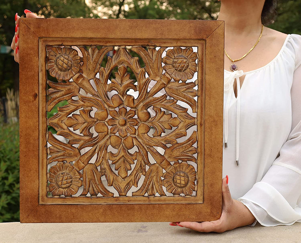 Handcrafted Lotus Wood Wall Panel Decor Hanging Art 16" X 16" - DharmaObjects
