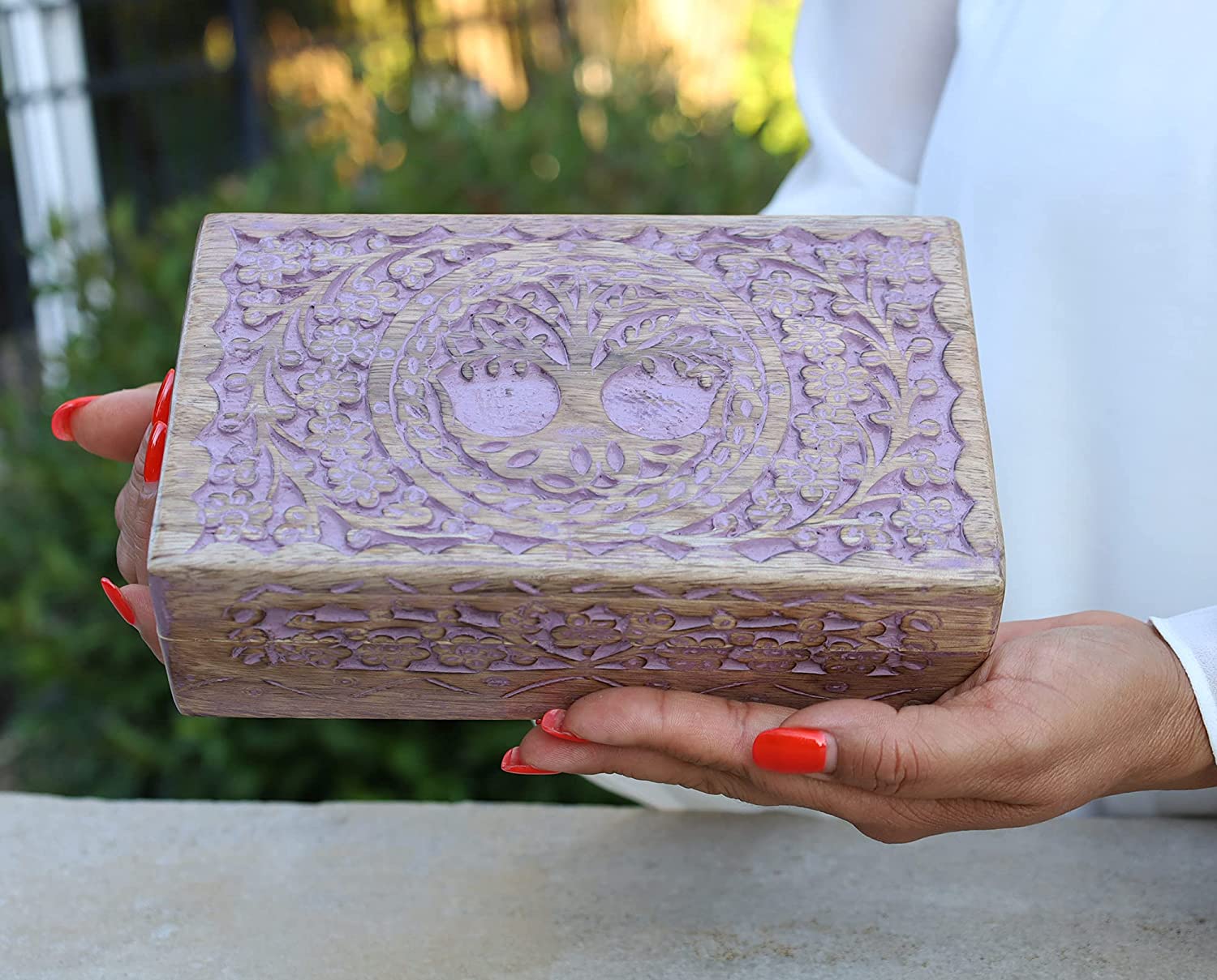 Large Hand Carved Tree of Life Wooden Box Keepsake Storage Multi Utility - DharmaObjects