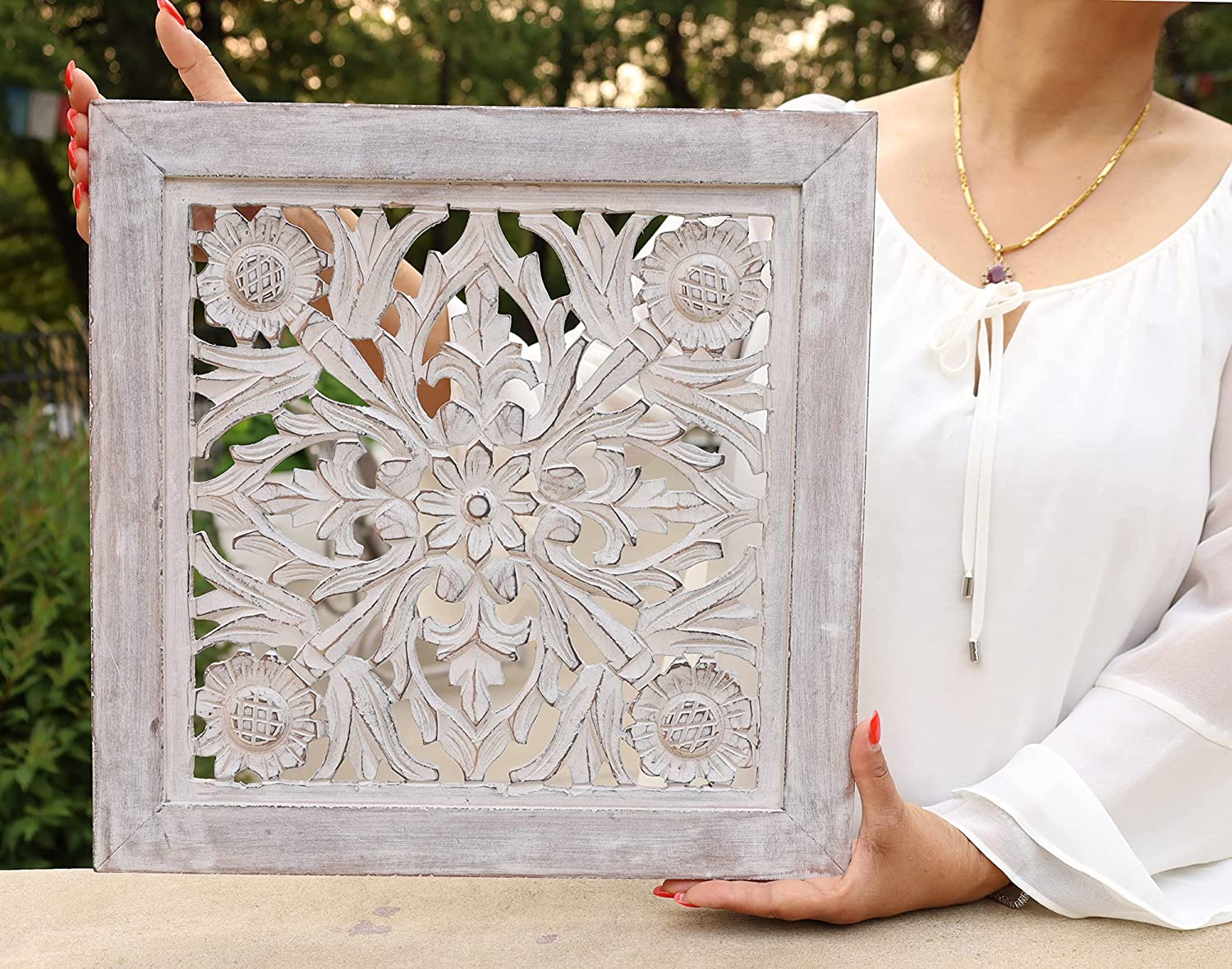 Handcrafted Lotus Wood Wall Panel Decor Hanging Art 16" X 16" - DharmaObjects