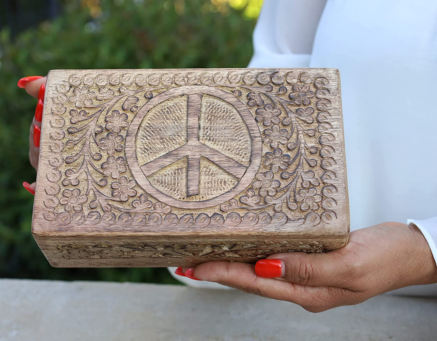 Hand Carved  Peace Sign Jewelry Trinket Keepsake Wooden Storage Box - DharmaObjects