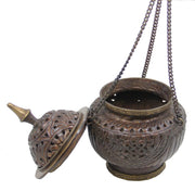 Tibetan Hanging Incense Burner ~ Copper w/Tibetan Symbols ~ 5" High - DharmaObjects
