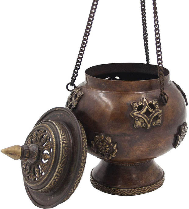 Tibetan Traditional Hanging Incense Burner Copper (6 x 4.5 x 4.5 Inches, Hanging 8) - DharmaObjects