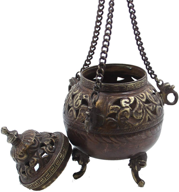 Tibetan Traditional Hanging Incense Burner Copper 6.5" High - DharmaObjects