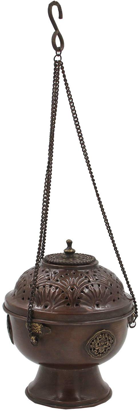 Tibetan Hanging Incense Burner ~ Copper w/Tibetan Symbols ~ 7" High - DharmaObjects