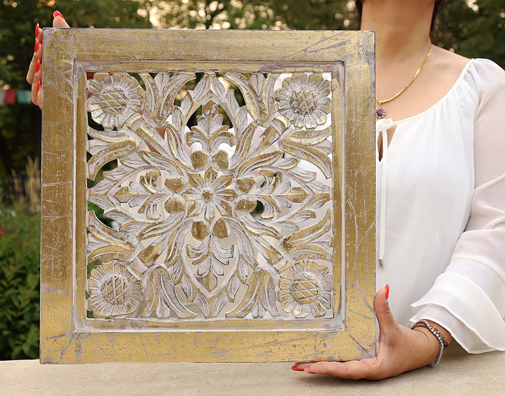 Handcrafted Lotus Wood Wall Panel Decor Hanging Art 16" X 16" - DharmaObjects