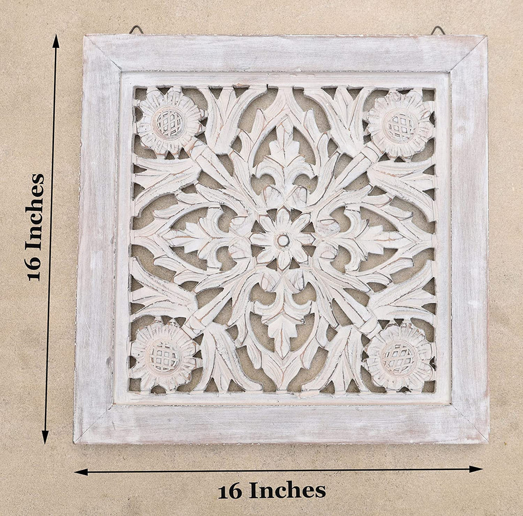 Handcrafted Lotus Wood Wall Panel Decor Hanging Art 16" X 16" - DharmaObjects