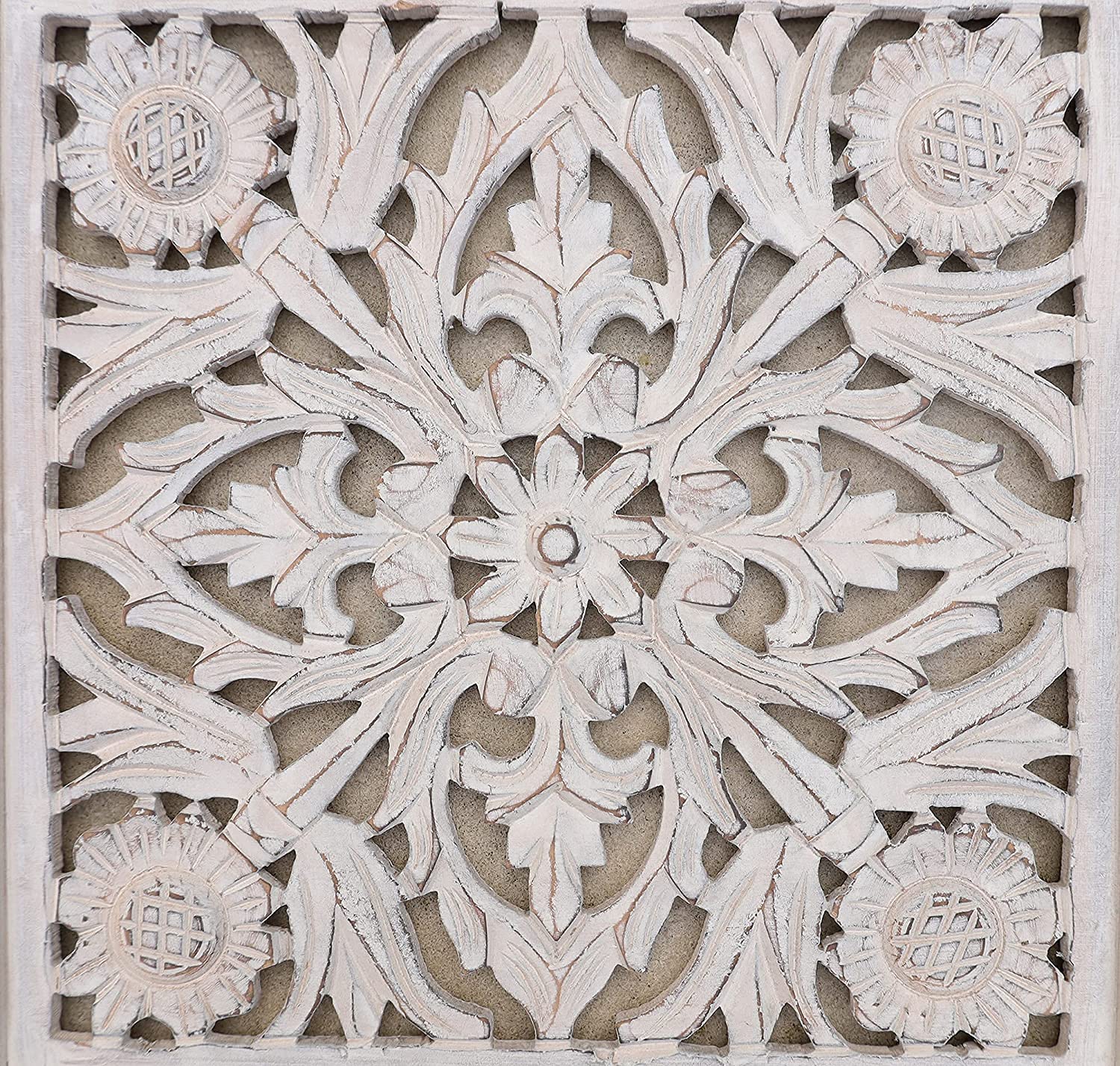 Handcrafted Lotus Wood Wall Panel Decor Hanging Art 16" X 16" - DharmaObjects