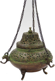 Tibetan Traditional Hanging Incense Burner Copper (5.5 x 4.5 x 4.5 Inches, Hanging 7) - DharmaObjects