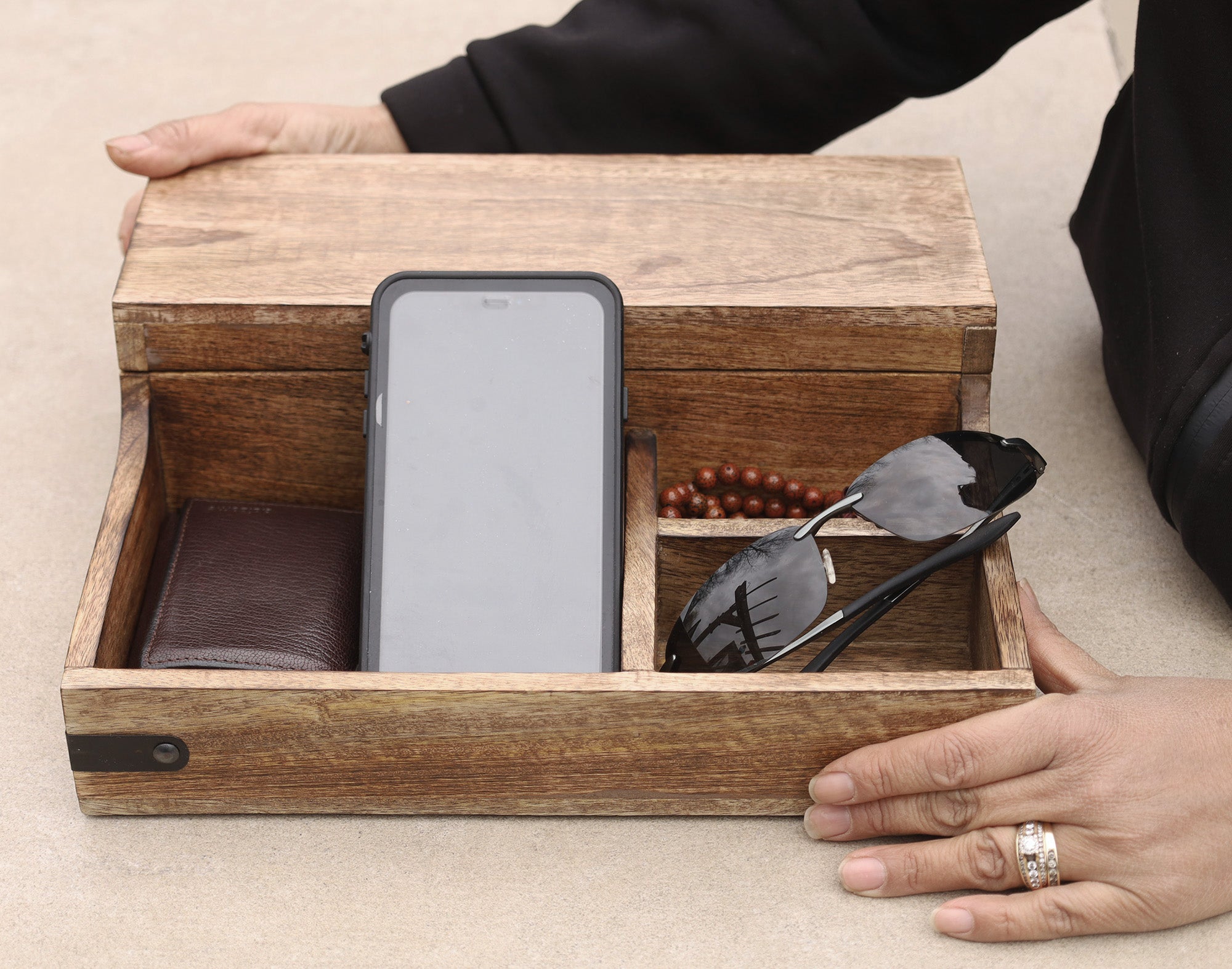 Rustic Wooden 7 Slots Bedside Phone, Watch & Valet Organizer Keepsake Treasure Box