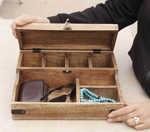 Rustic Wooden 7 Slots Bedside Phone, Watch & Valet Organizer Keepsake Treasure Box