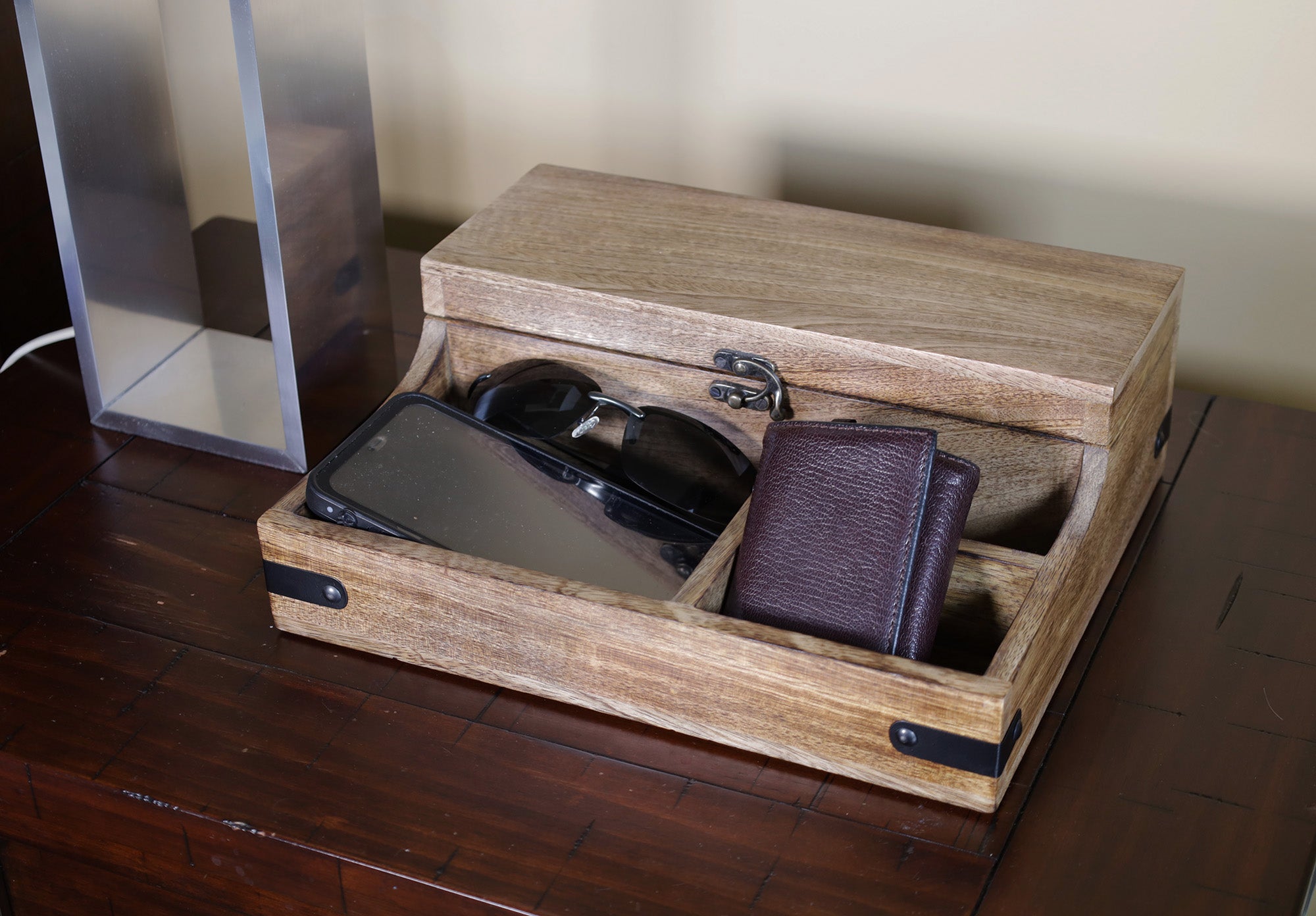 Rustic Wooden 7 Slots Bedside Phone, Watch & Valet Organizer Keepsake Treasure Box