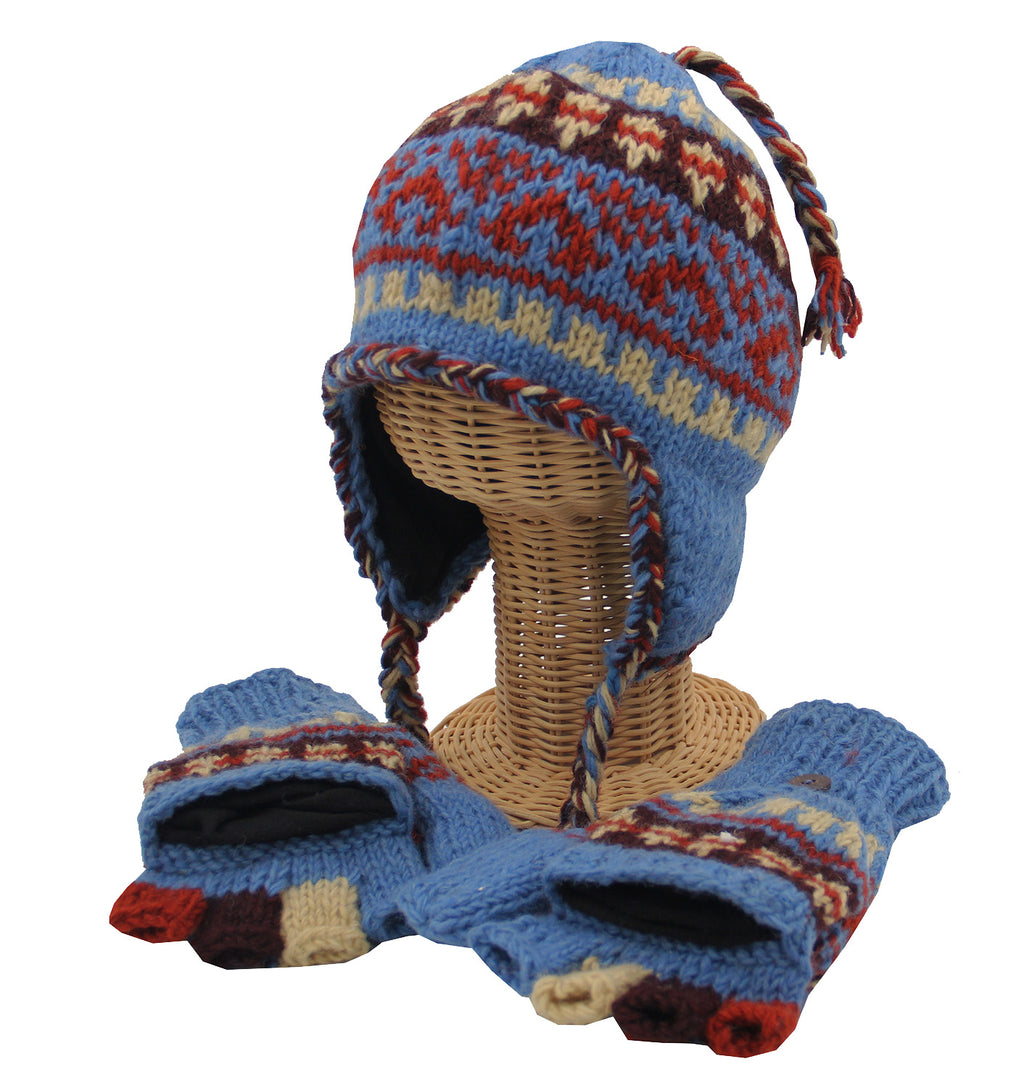 Nepal Hand Knit Ear Flaps Beanie Ski Wool Hat & Glove Mitten Set - DharmaObjects