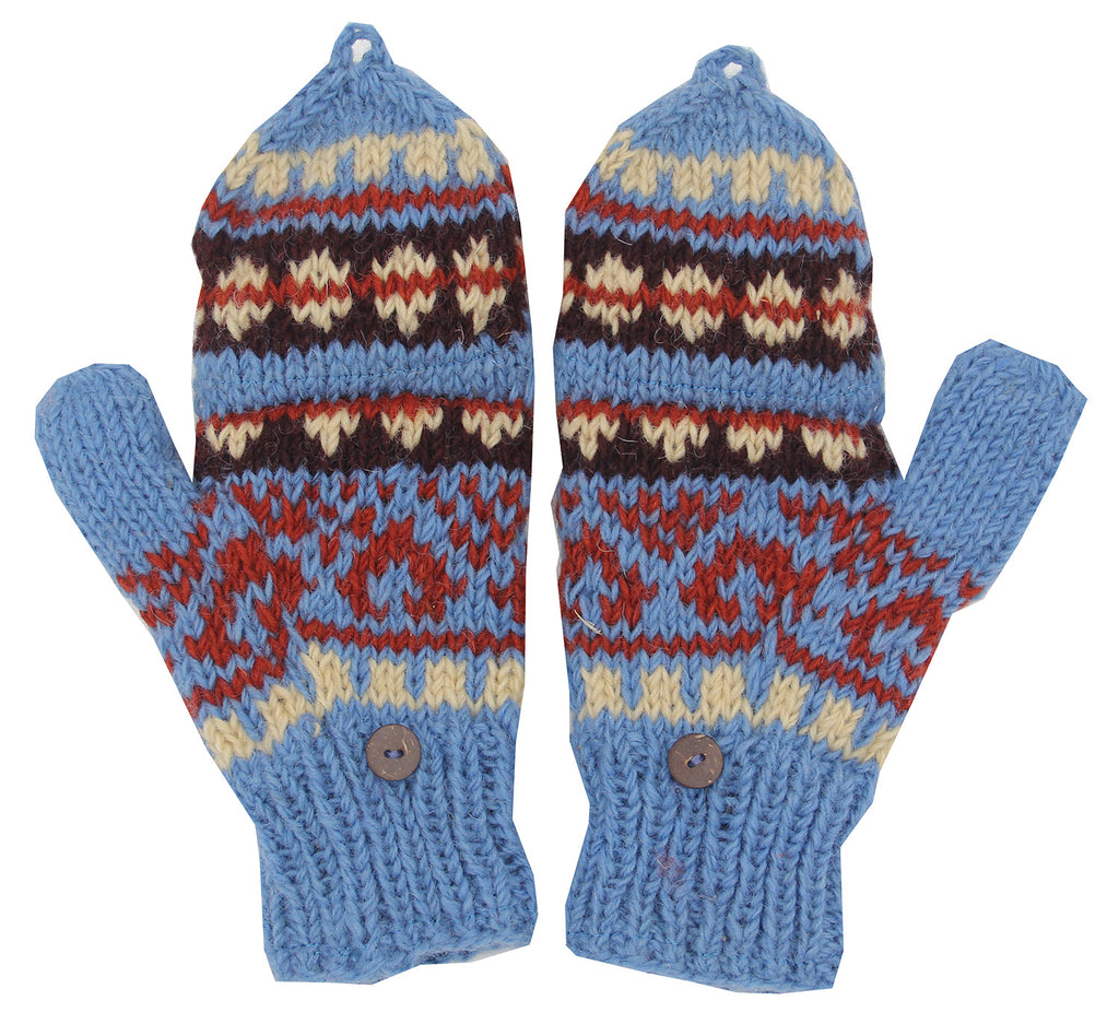 Nepal Hand Knit Ear Flaps Beanie Ski Wool Hat & Glove Mitten Set - DharmaObjects