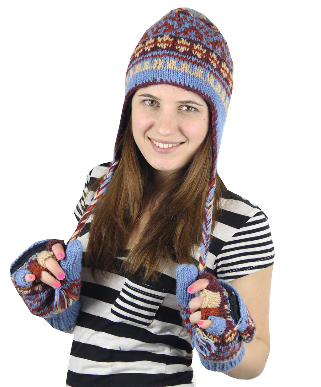 Nepal Hand Knit Ear Flaps Beanie Ski Wool Hat & Glove Mitten Set - DharmaObjects