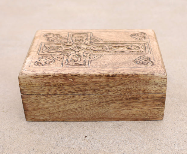 Hand Carved Celtic Cross Wooden Box Keepsake Jewelry Storage