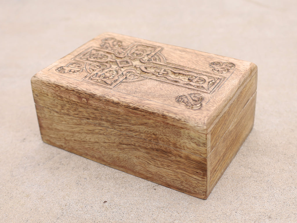 Hand Carved Celtic Cross Wooden Box Keepsake Jewelry Storage - DharmaObjects