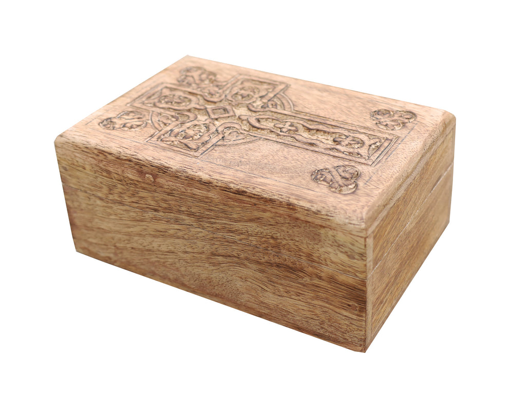 Hand Carved Celtic Cross Wooden Box Keepsake Jewelry Storage - DharmaObjects