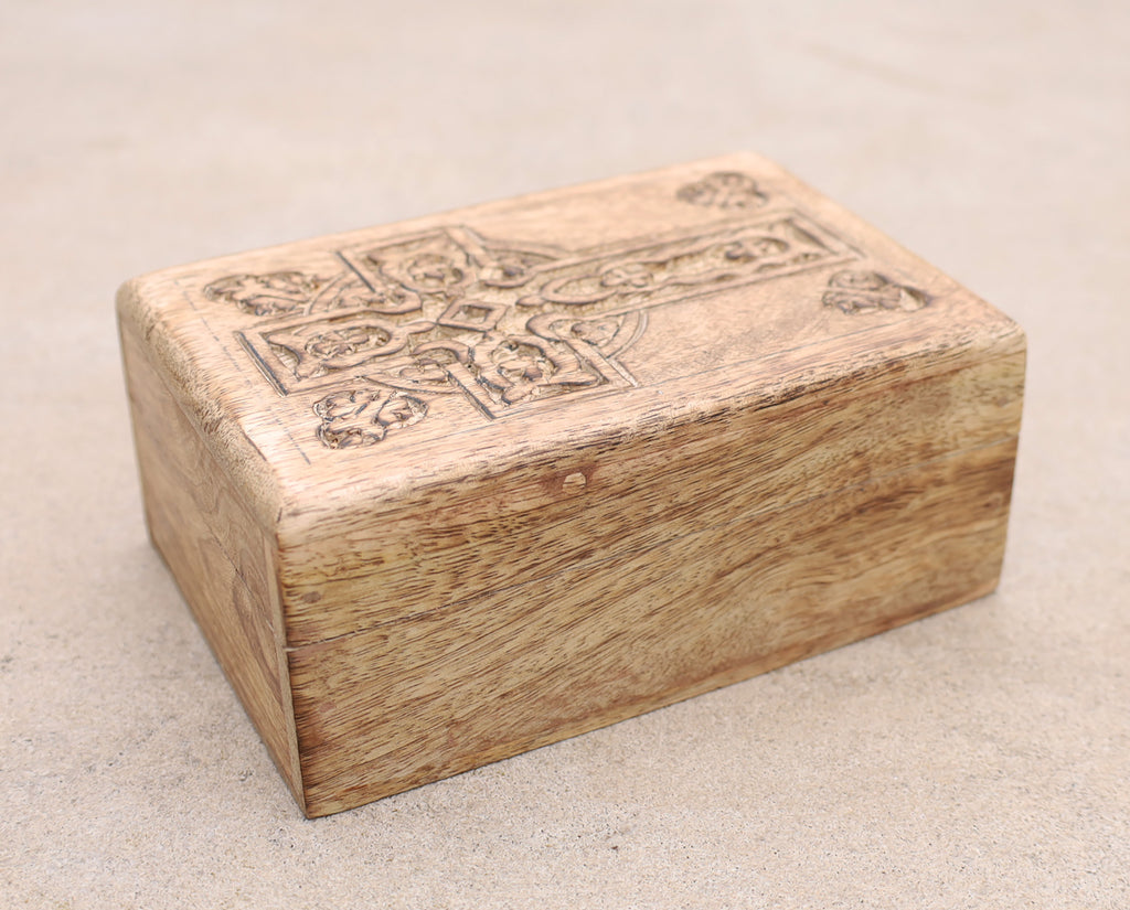 Hand Carved Celtic Cross Wooden Box Keepsake Jewelry Storage - DharmaObjects