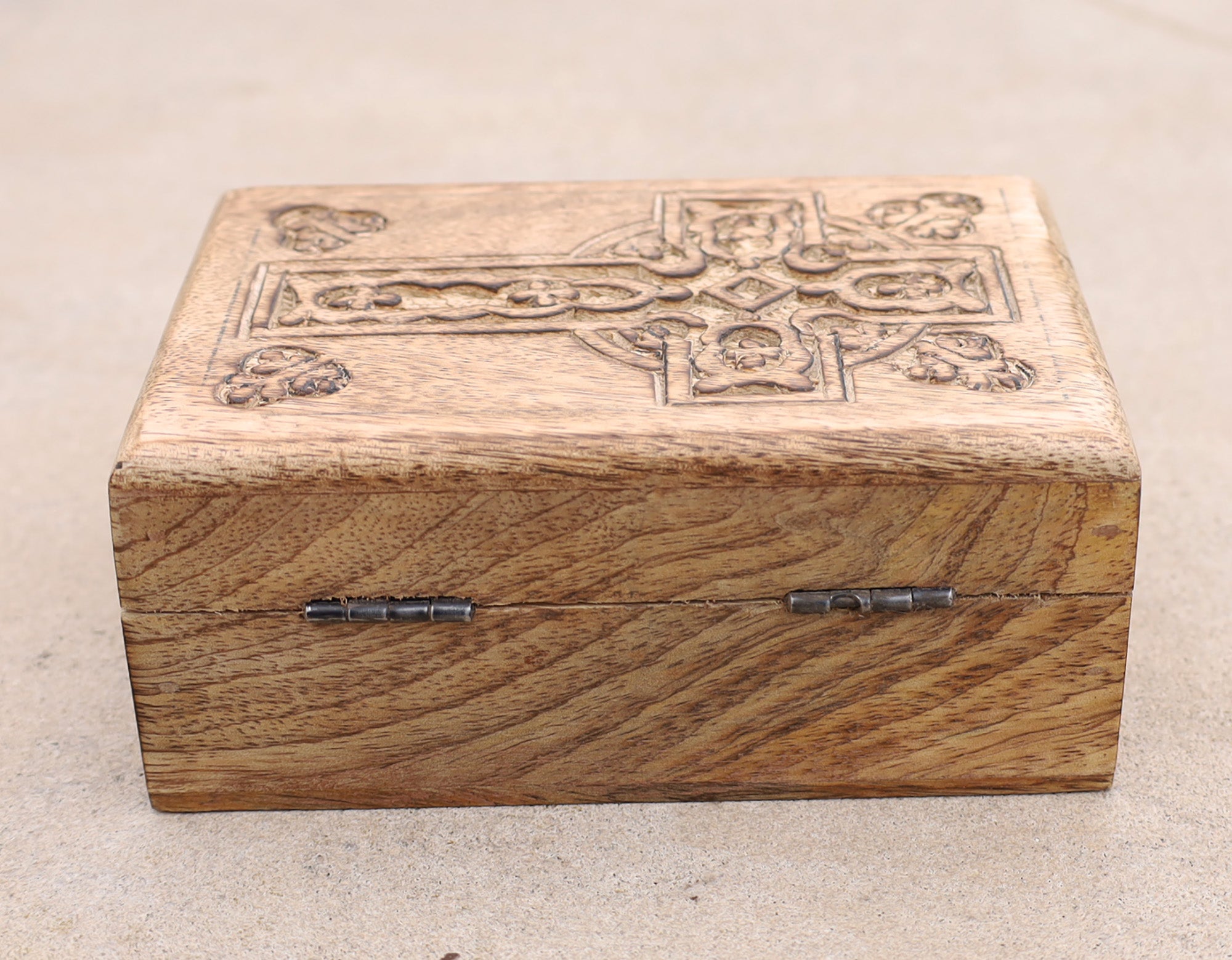 Hand Carved Celtic Cross Wooden Box Keepsake Jewelry Storage - DharmaObjects