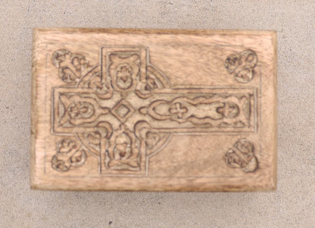 Hand Carved Celtic Cross Wooden Box Keepsake Jewelry Storage - DharmaObjects