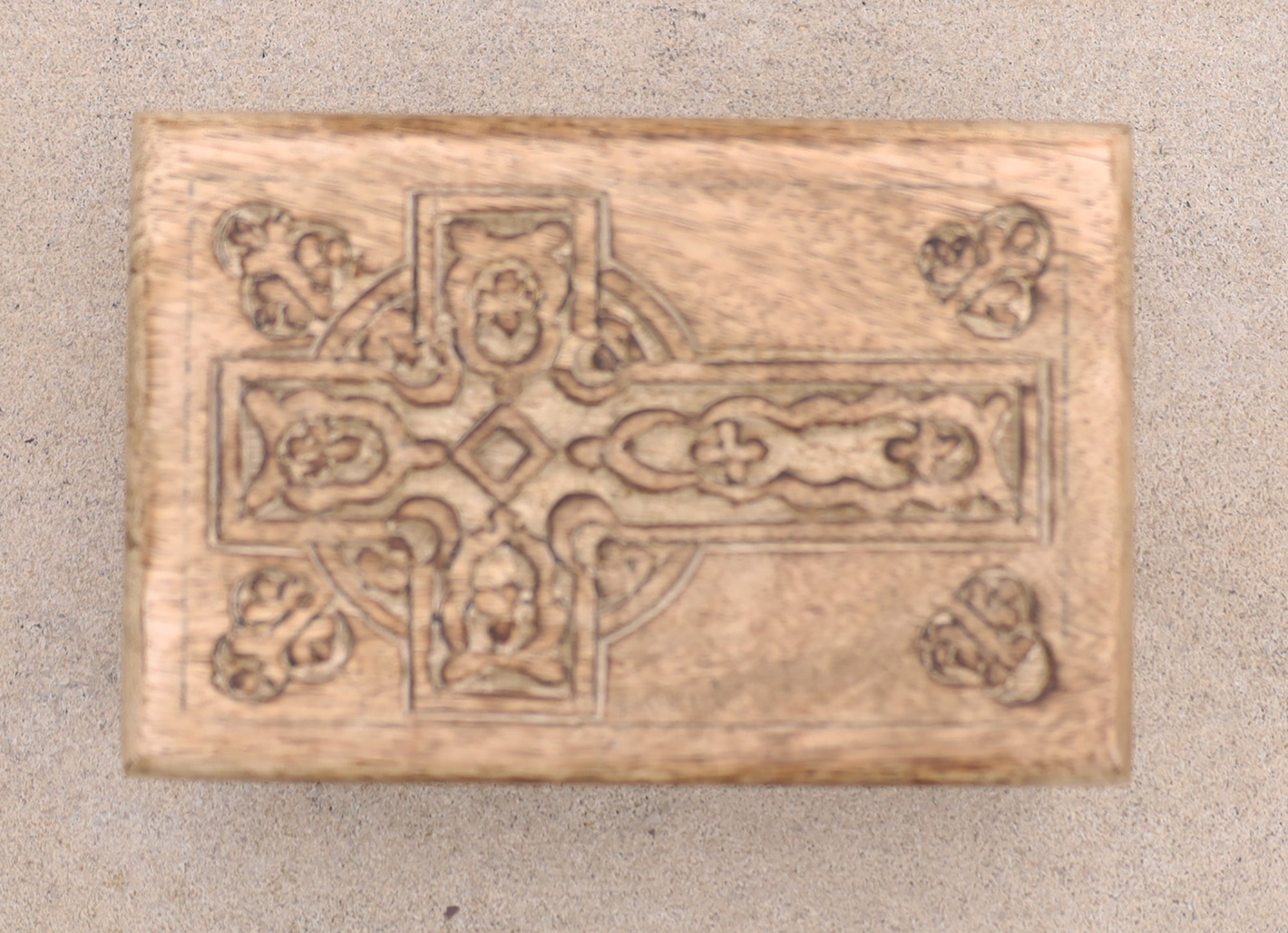 Hand Carved Celtic Cross Wooden Box Keepsake Jewelry Storage - DharmaObjects