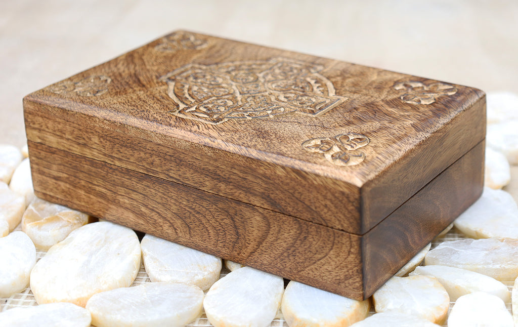 Hand Carved Celtic Cross Wooden Box Keepsake Jewelry Storage - DharmaObjects