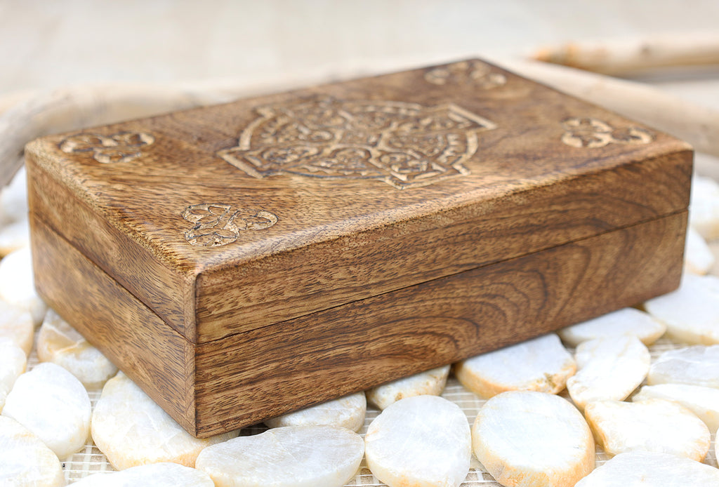 Hand Carved Celtic Cross Wooden Box Keepsake Jewelry Storage - DharmaObjects