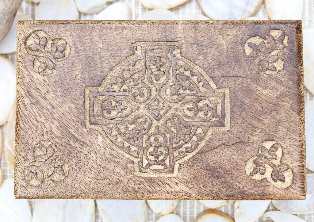 Hand Carved Celtic Cross Wooden Box Keepsake Jewelry Storage - DharmaObjects