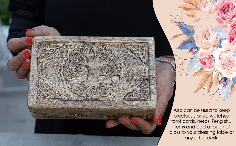 Hand Carved Jewelry Trinket Keepsake Wooden Storage Box (Celtic Tree of Life, Large) - DharmaObjects
