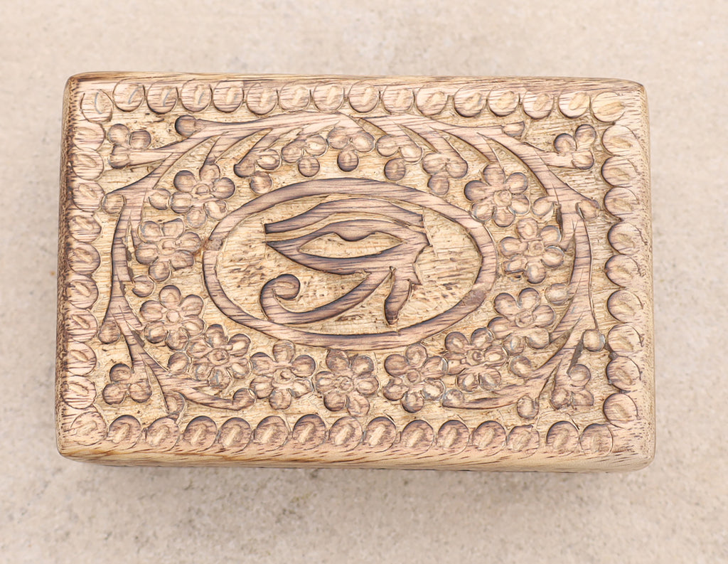 Egyptian Eye of Horus Hand Carved Jewelry Trinket Keepsake Wooden Storage Box - DharmaObjects