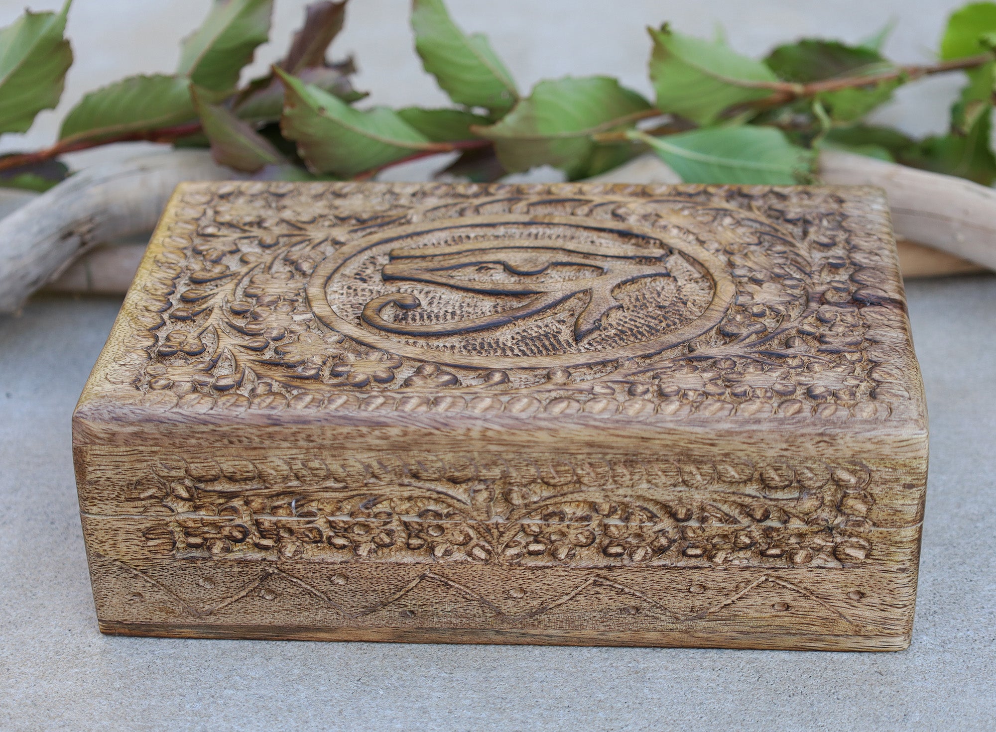 Egyptian Eye of Horus Hand Carved Jewelry Trinket Keepsake Wooden Storage Box - DharmaObjects