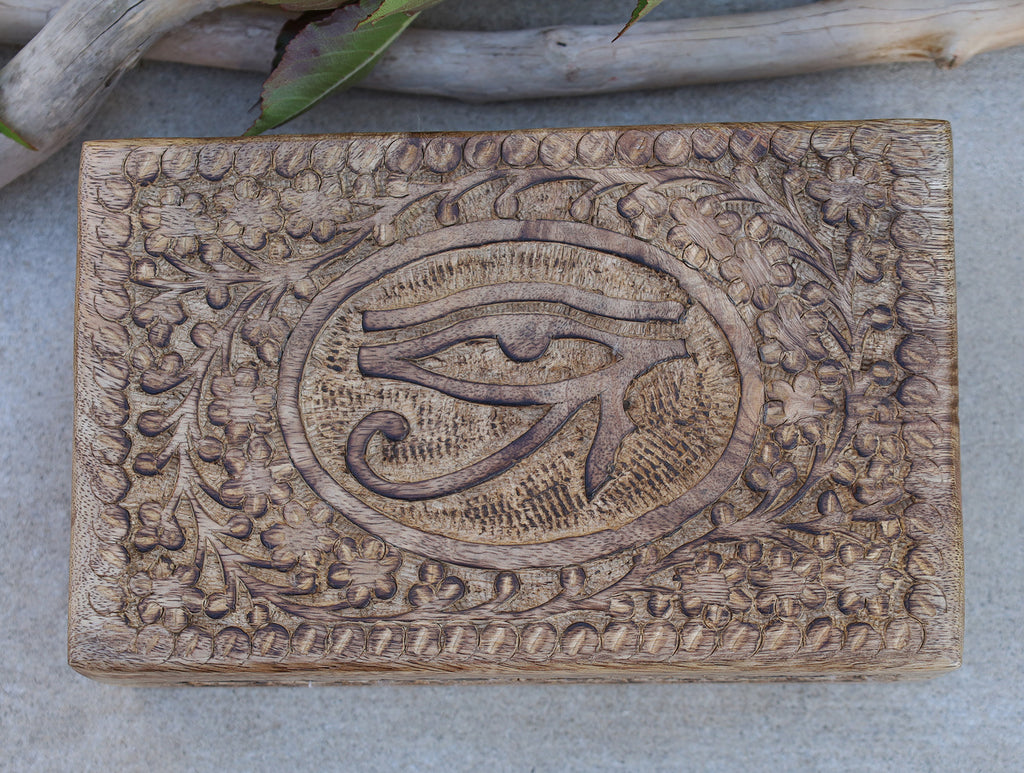 Egyptian Eye of Horus Hand Carved Jewelry Trinket Keepsake Wooden Storage Box - DharmaObjects