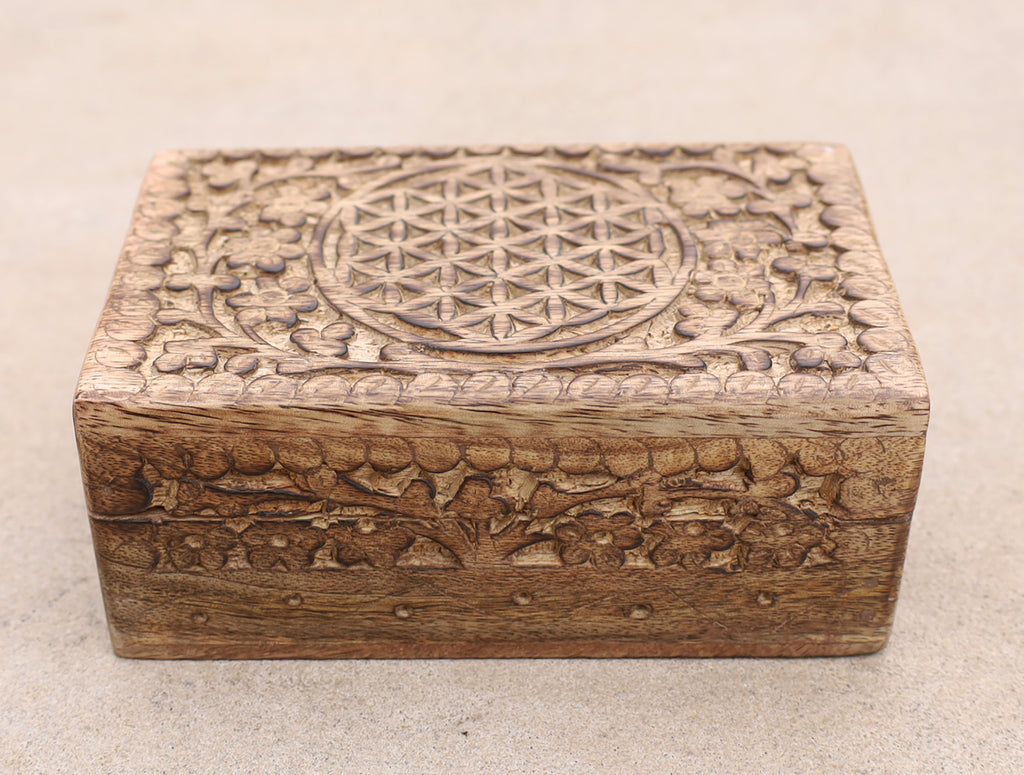 Hand Carved Jewelry Trinket Keepsake Wooden Storage Box (Medium, Flower of Life) - DharmaObjects