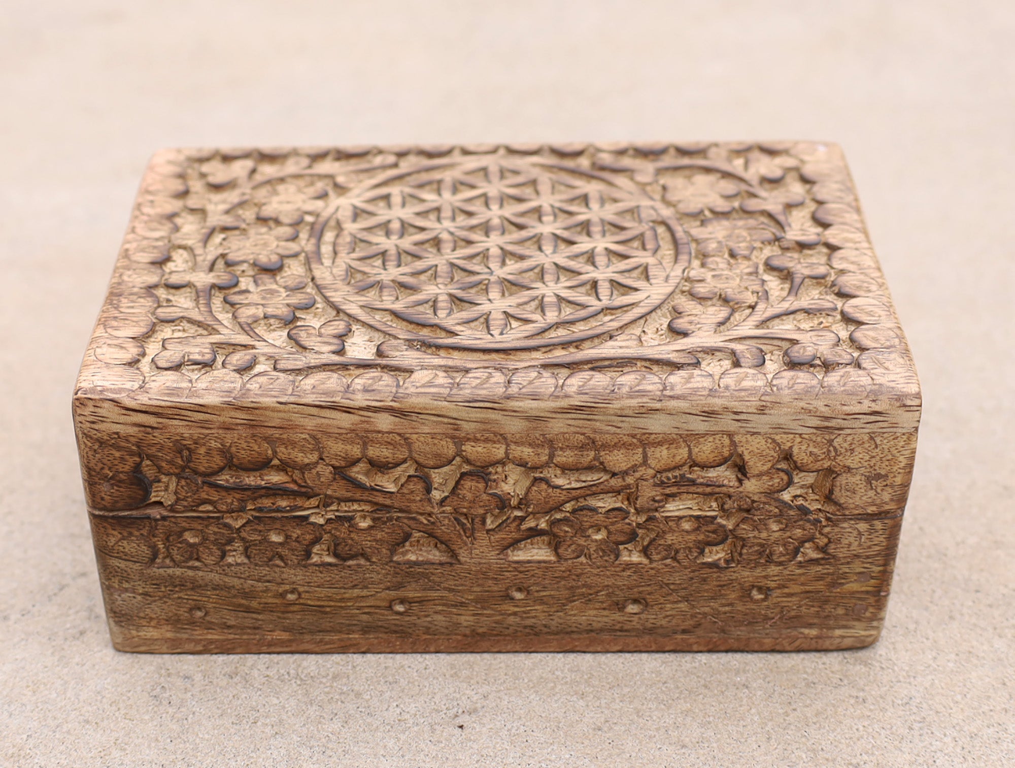 Hand Carved Jewelry Trinket Keepsake Wooden Storage Box (Medium, Flower of Life) - DharmaObjects