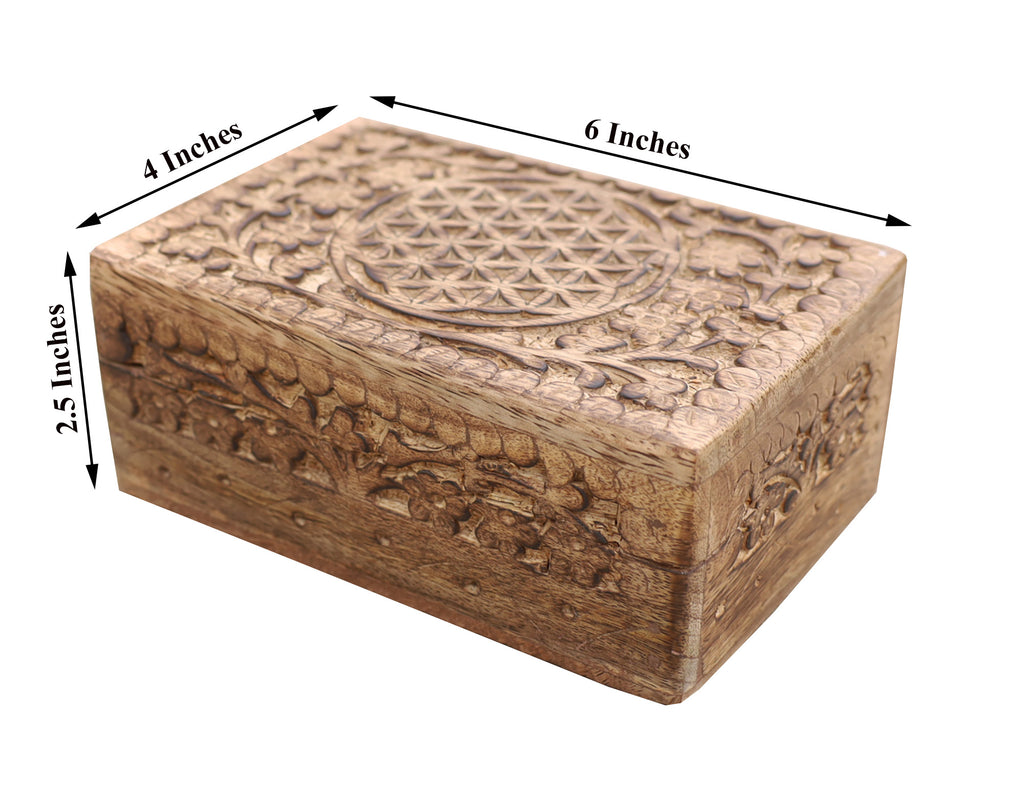 Hand Carved Jewelry Trinket Keepsake Wooden Storage Box (Medium, Flower of Life) - DharmaObjects