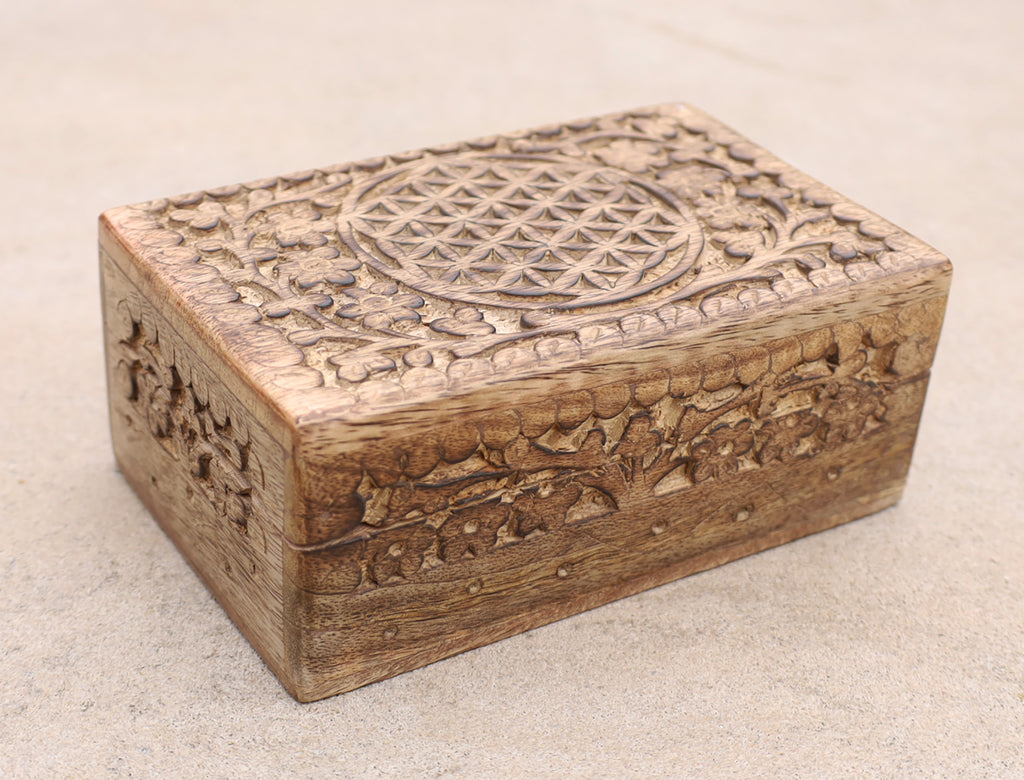 Hand Carved Jewelry Trinket Keepsake Wooden Storage Box (Medium, Flower of Life) - DharmaObjects