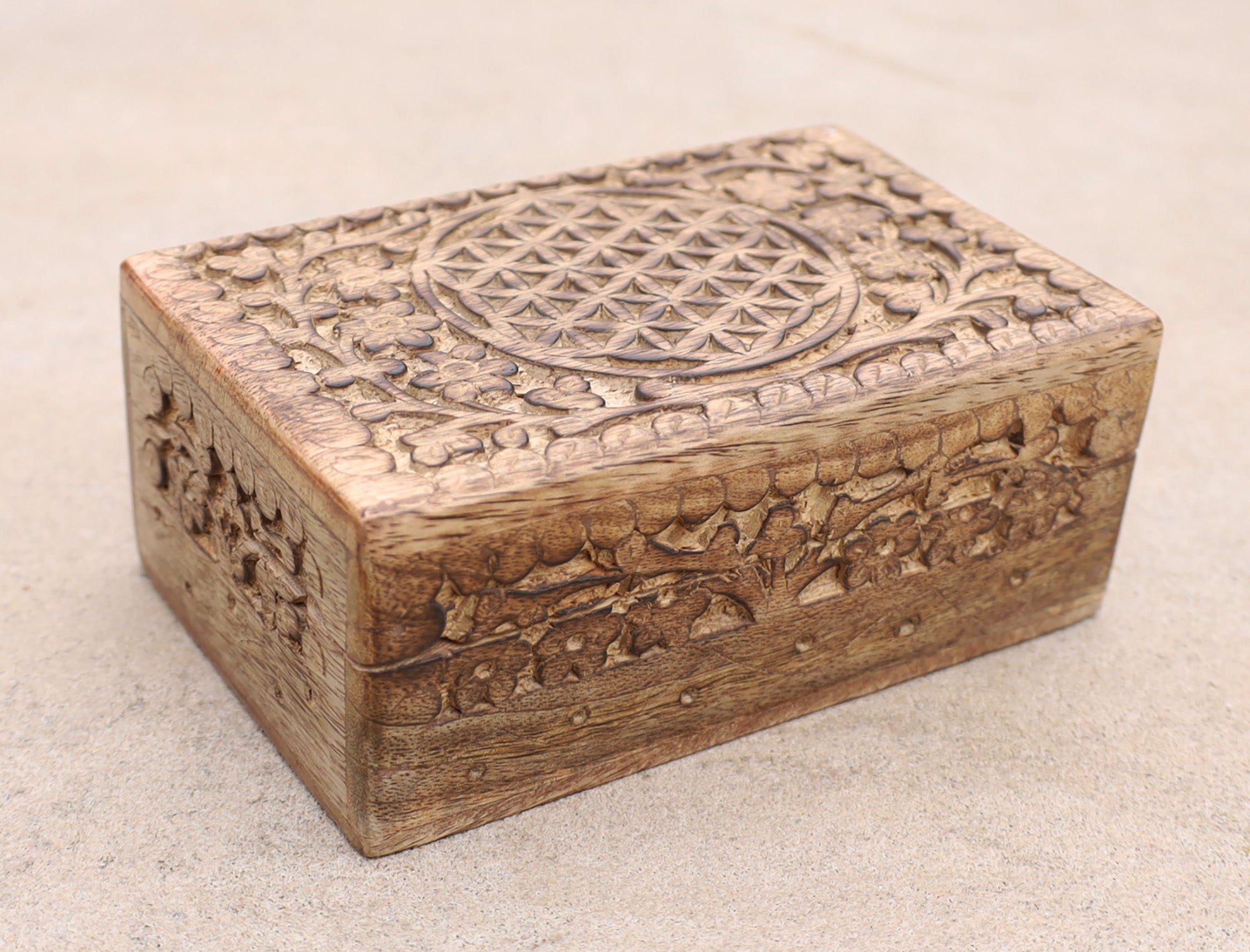Hand Carved Jewelry Trinket Keepsake Wooden Storage Box (Medium, Flower of Life) - DharmaObjects
