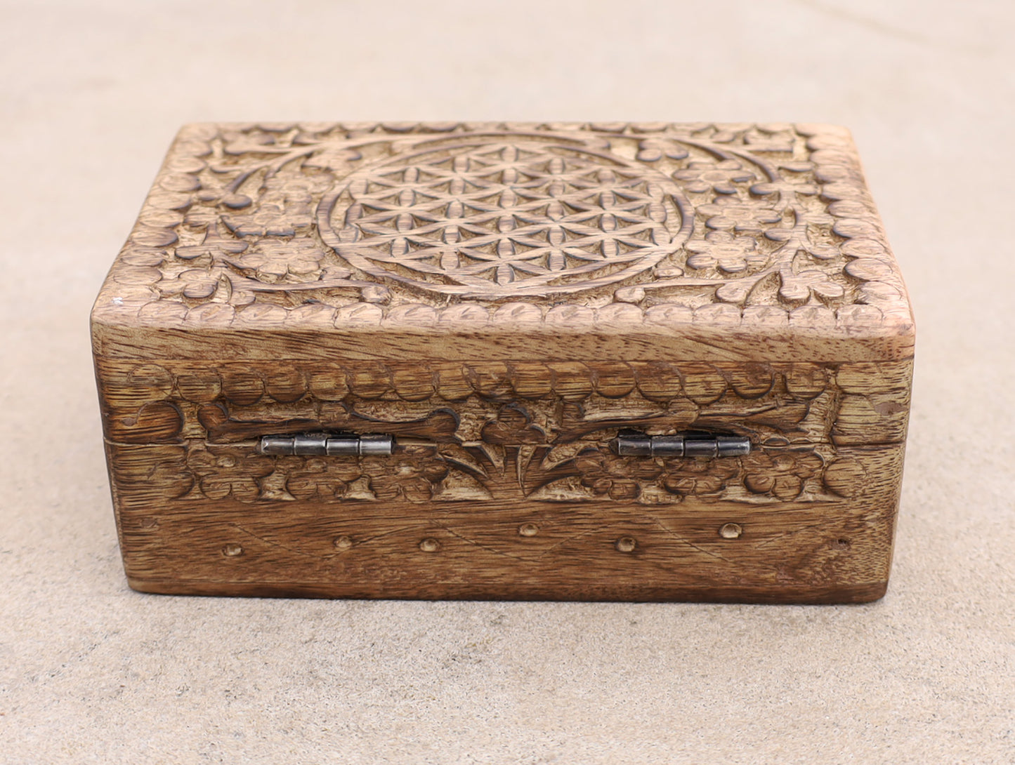 Hand Carved Jewelry Trinket Keepsake Wooden Storage Box (Medium, Flower of Life)