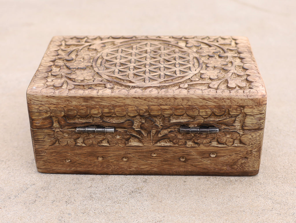 Hand Carved Jewelry Trinket Keepsake Wooden Storage Box (Medium, Flower of Life) - DharmaObjects